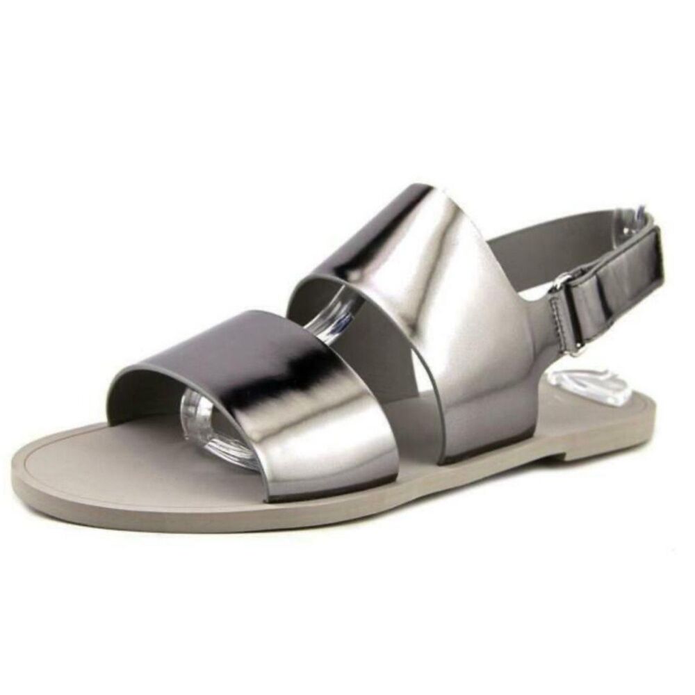 Vince Double Strap Metallic Slingback Flat Sandals Silver Gray Size 6